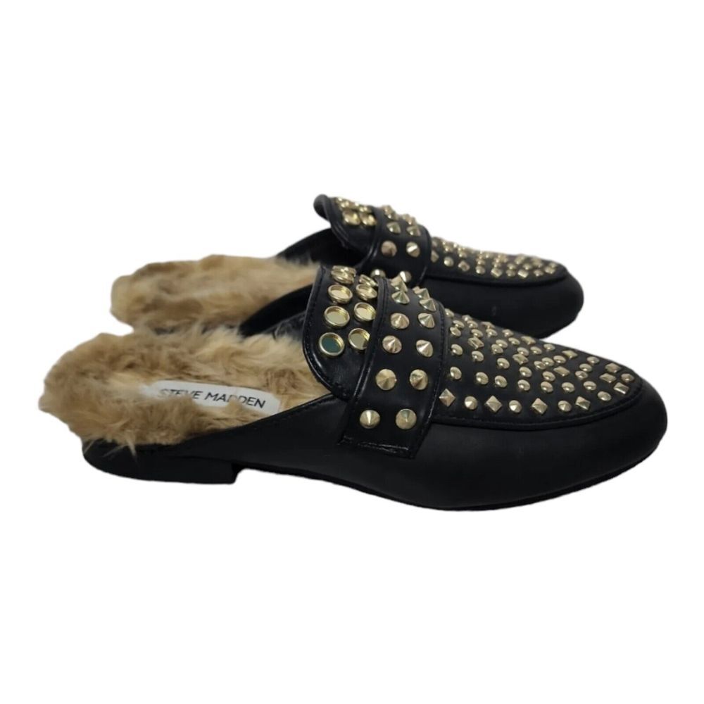 STEVE MADDEN Flat Size 5.5 M Leather Lining Faux Fur Sock‎ Studded Black Gold